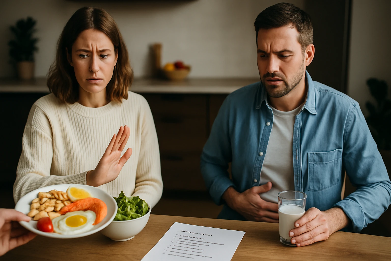 Egy nő elutasít egy tányér ételt, míg a férfi gyomorfájdalomra panaszkodik.