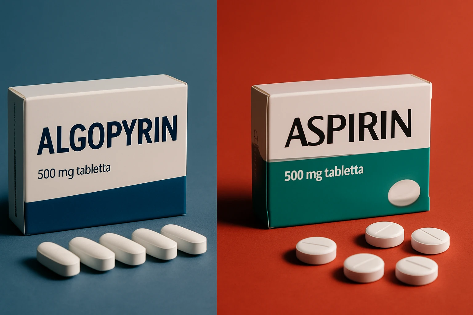 Két különböző fájdalomcsillapító gyógyszer doboza és tablettái, Algopyrin és Aspirin.