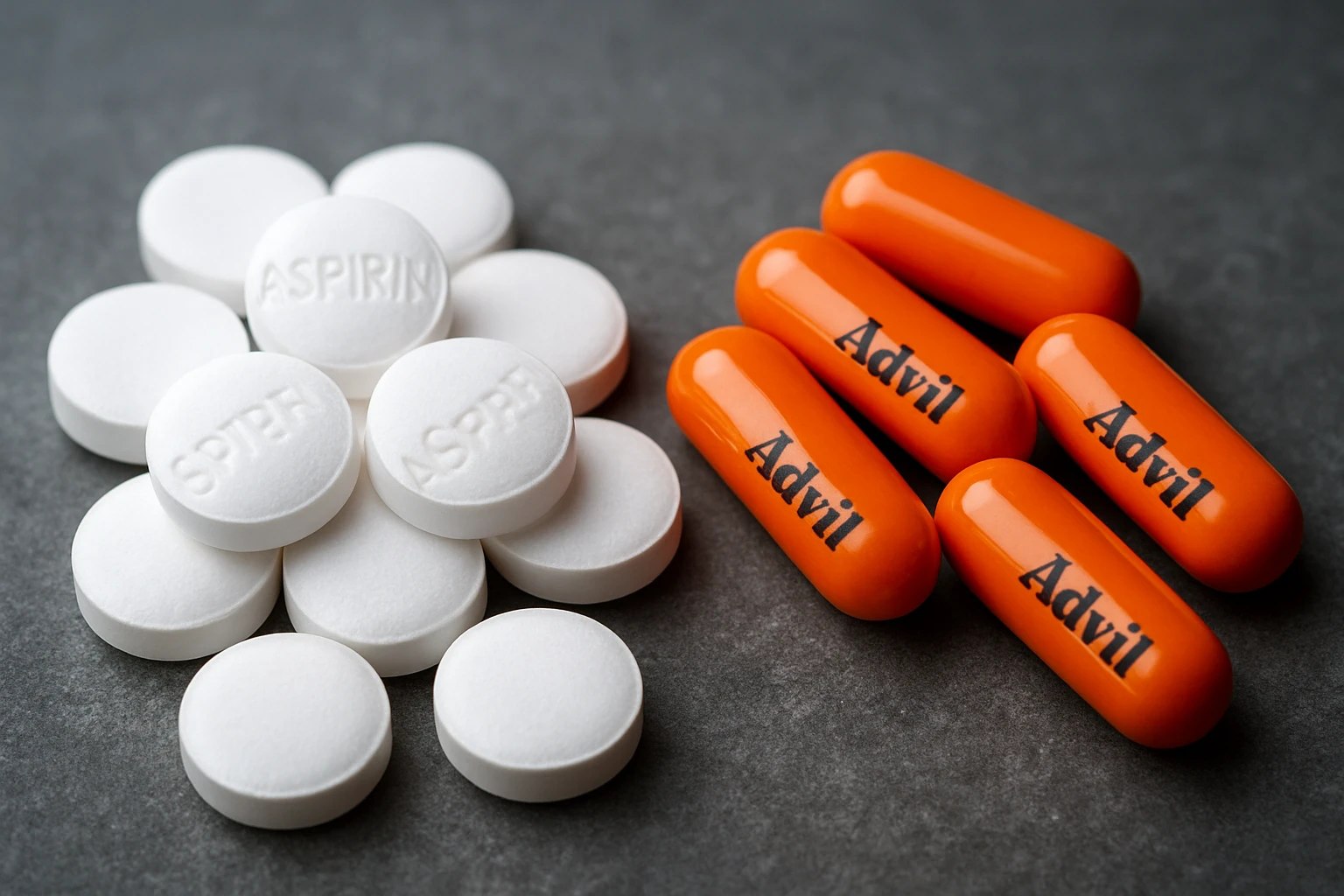 Fehér aszpirin és narancssárga Advil tabletták egy sötét háttéren.