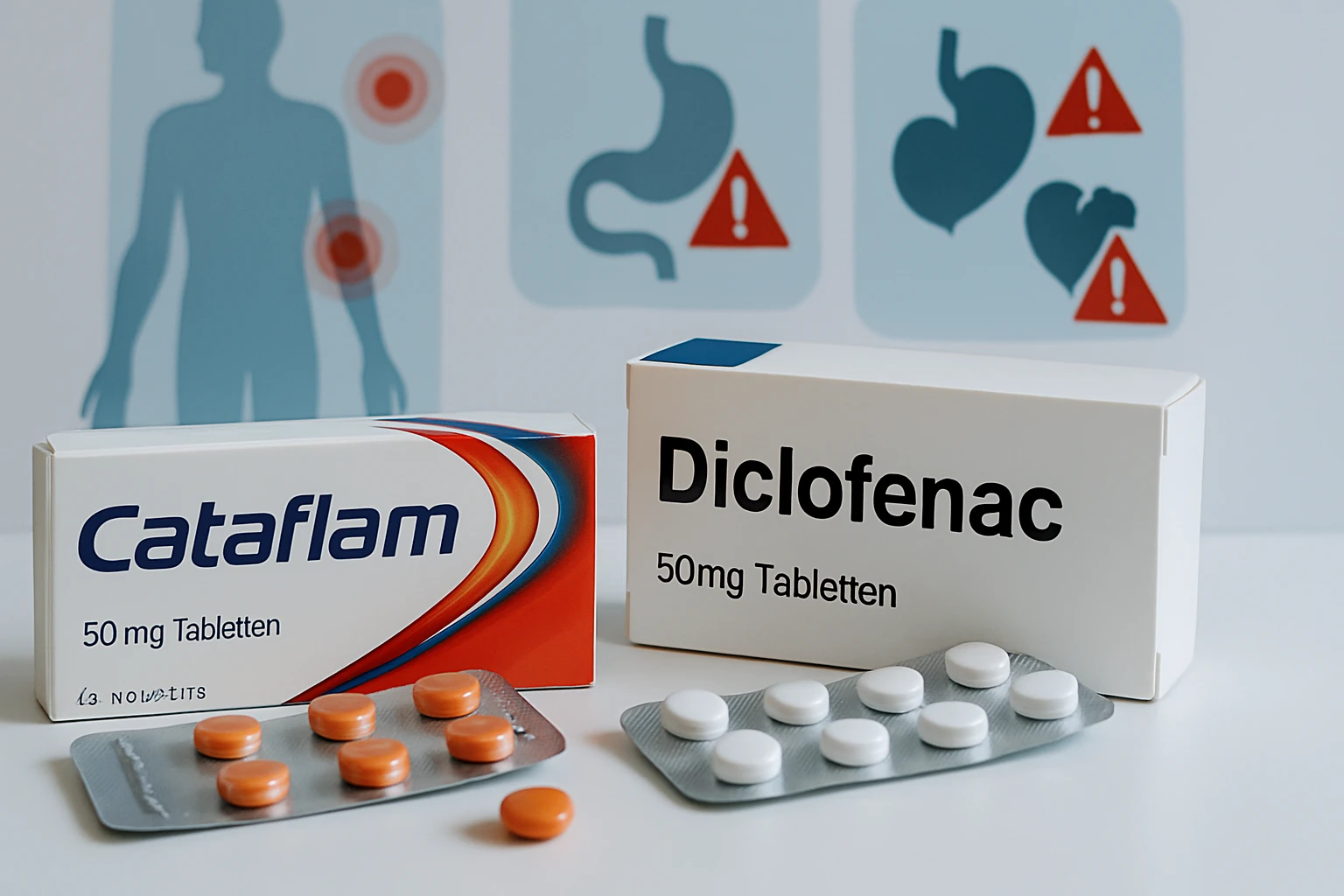 Cataflam és Diclofenac gyógyszerek dobozai, mellette tabletták láthatók.