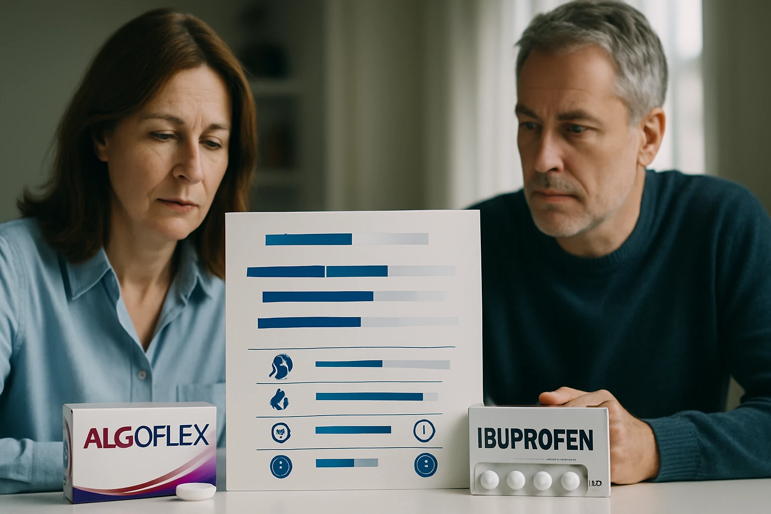 Két felnőtt, akik fájdalomcsillapító gyógyszereket és egy diagramot néznek.