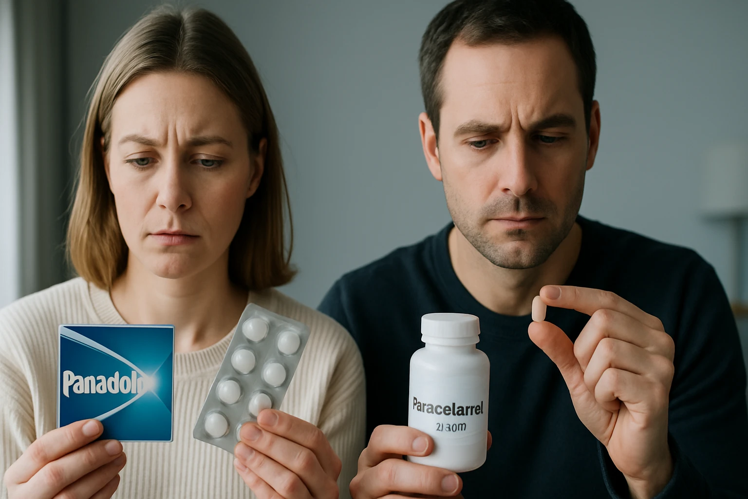 Egy férfi és egy nő különböző fájdalomcsillapító gyógyszereket tartanak a kezükben, aggódva néznek.