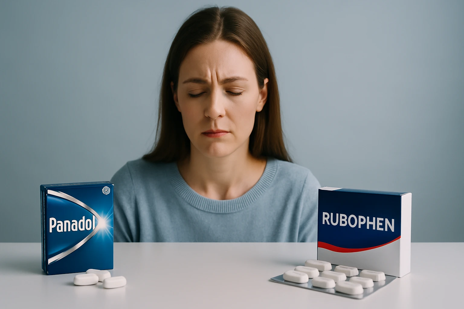 Egy nő két fájdalomcsillapító, a Panadol és a Rubophen között ül, fájdalmas arckifejezéssel.