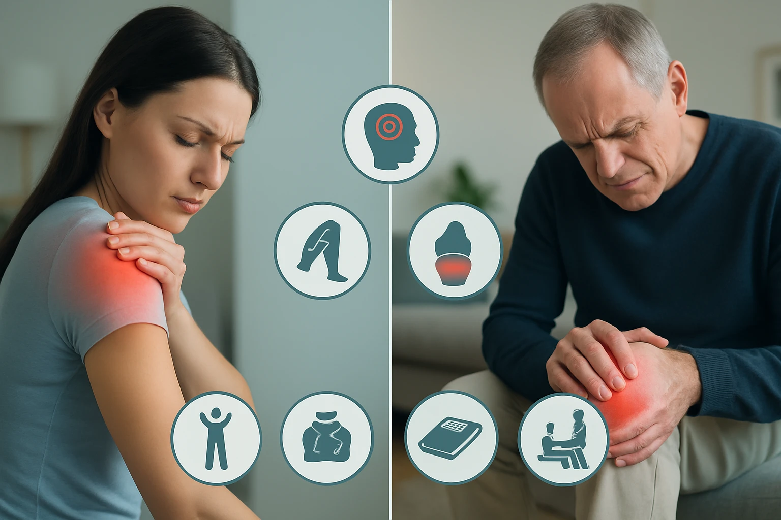 Egy nő vállfájdalommal és egy férfi térdfájdalommal küzd, körülöttük egészségügyi ikonok.