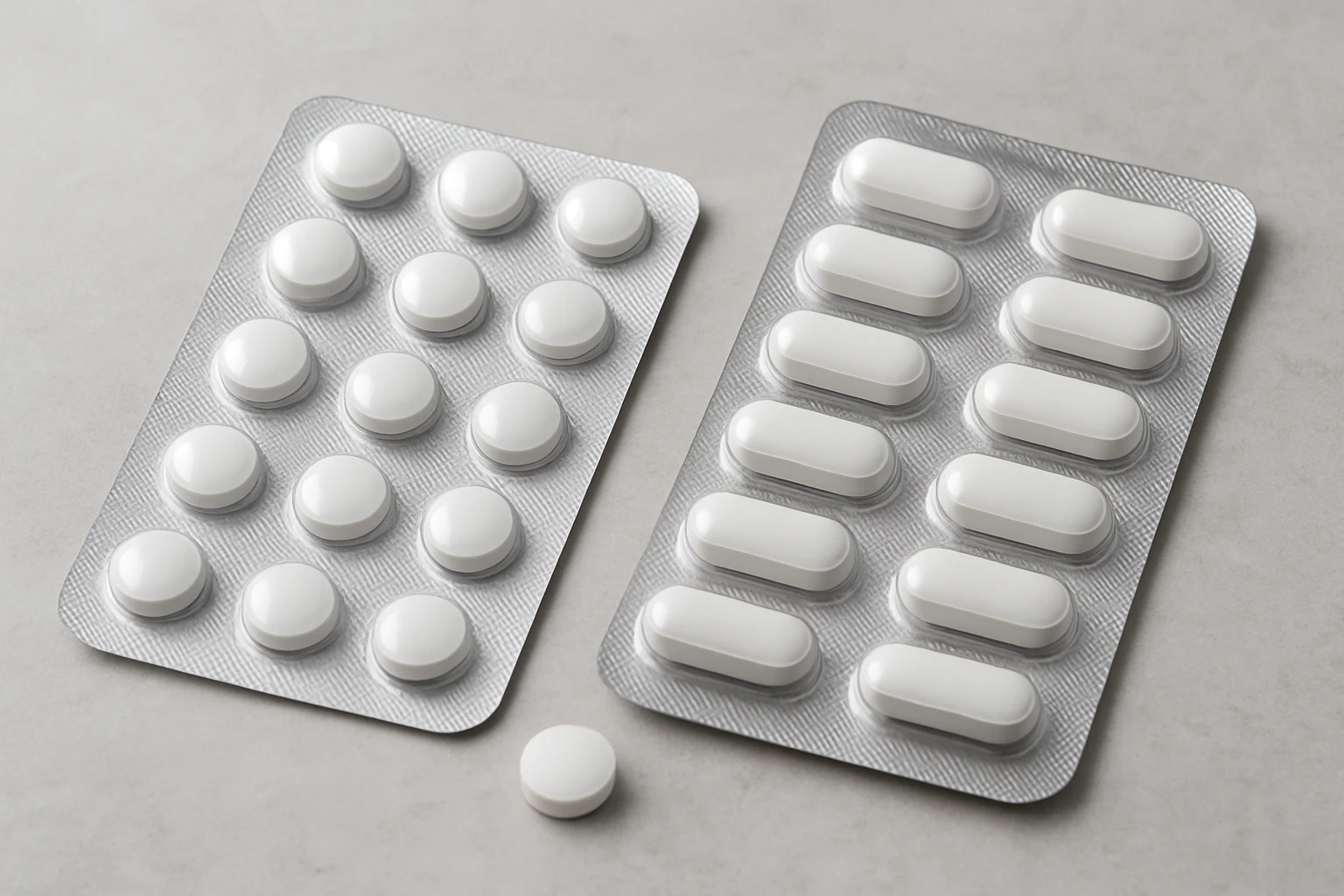 Két bliszterben elhelyezett fehér tabletta, különböző formákban.