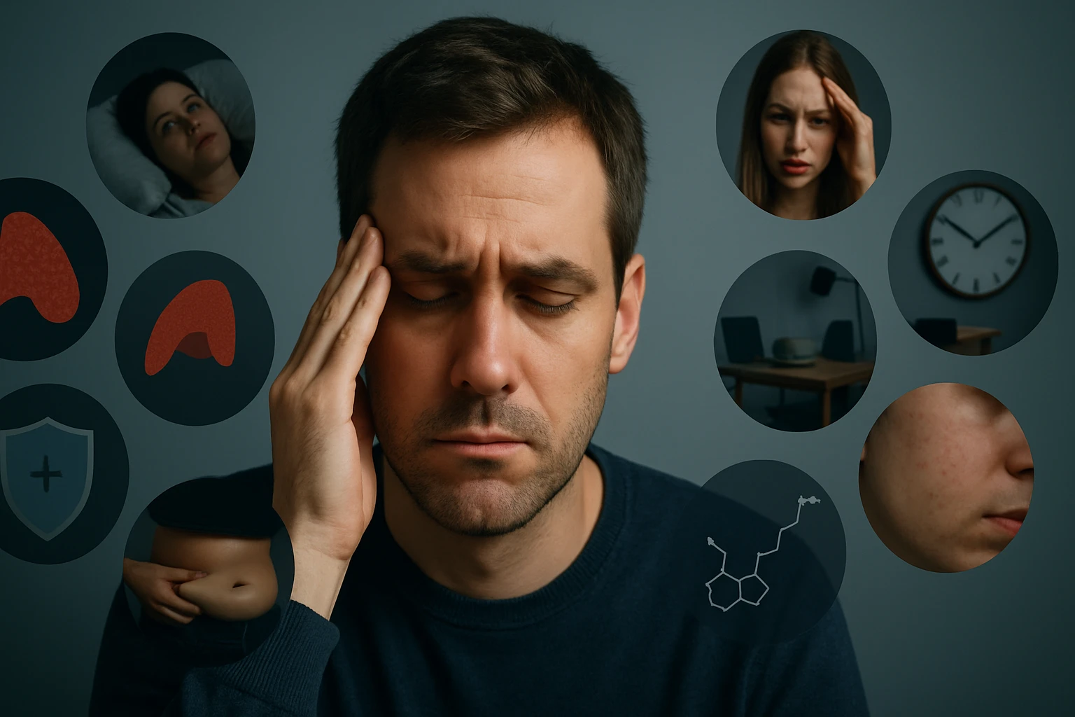 Férfi, aki fejfájással küzd, körülötte különböző egészségügyi szimbólumokkal.