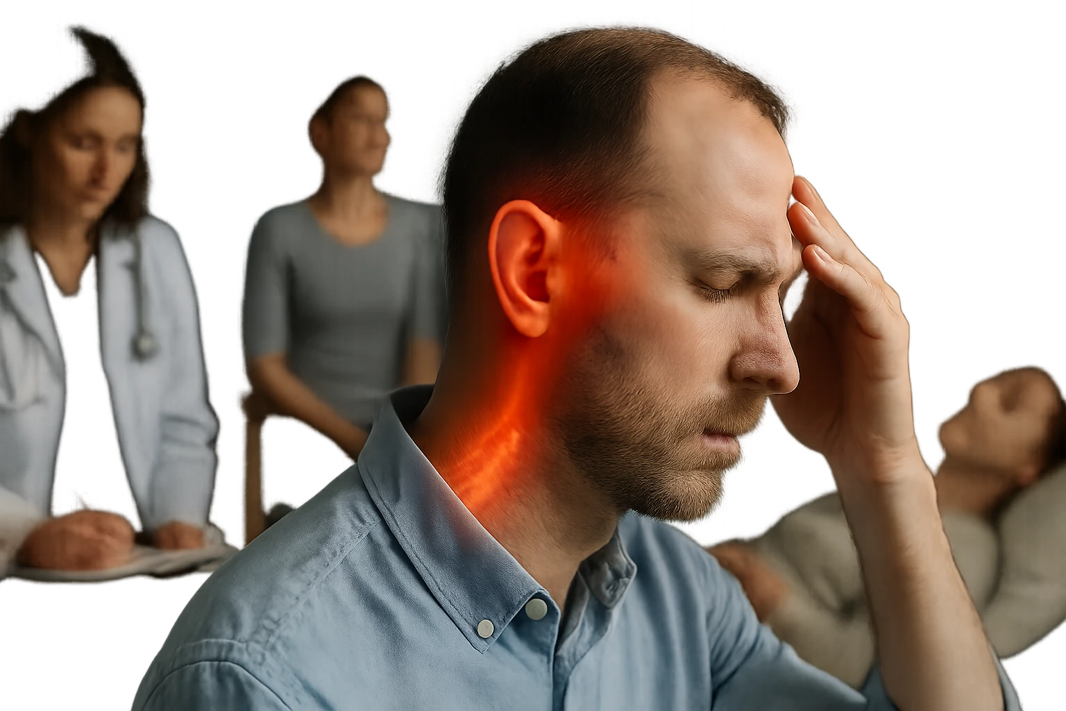 Férfi, aki fejfájással küzd, miközben orvosok figyelik a háttérben.