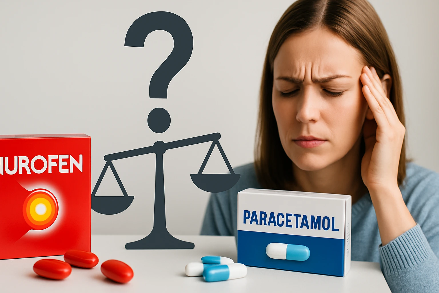 Egy nő fejfájással küzd, mellette paracetamol és ibuprofen dobozok láthatók.
