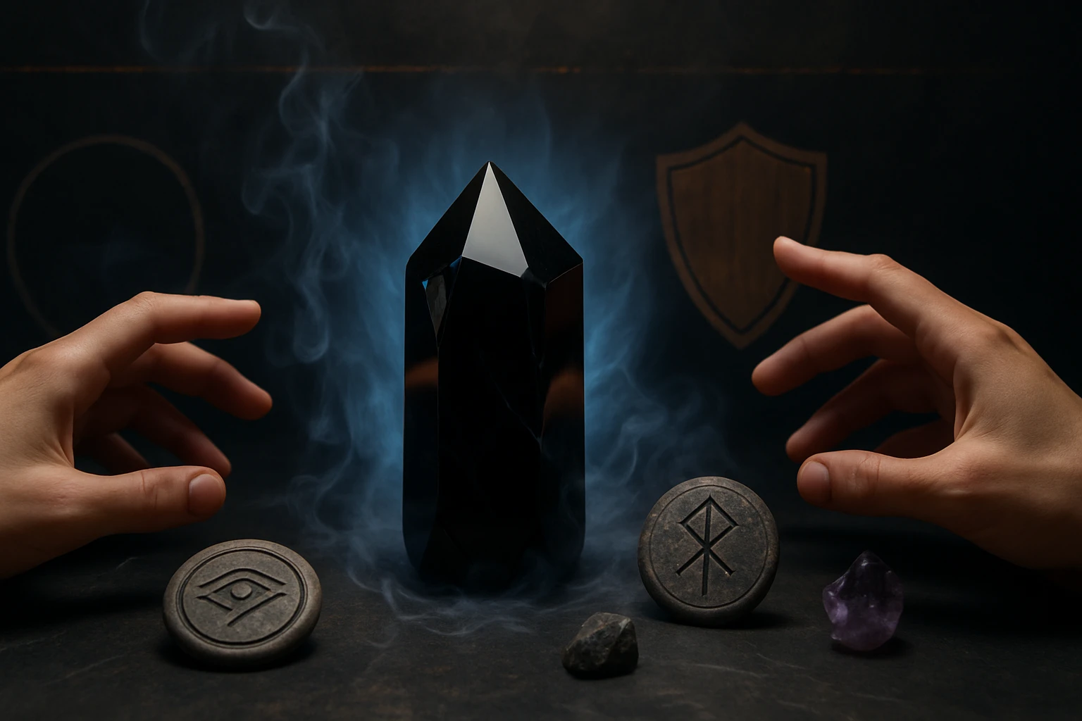 Két kéz egy fekete kristály körül, amelyet kövek és füst vesz körül.
