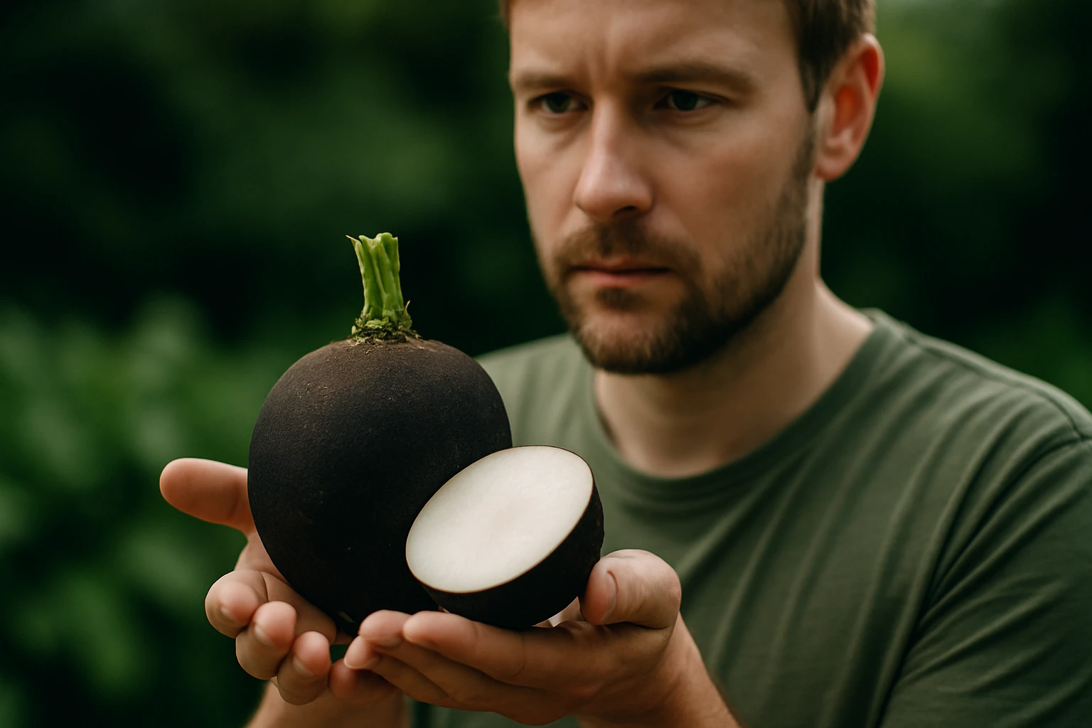 Egy férfi a kezében tart egy fekete retekfélét, amelynek fehér belseje látható.