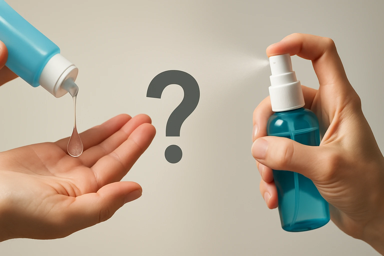 Két kéz, az egyikben folyékony anyag cseppen, a másikban permetező flakon.