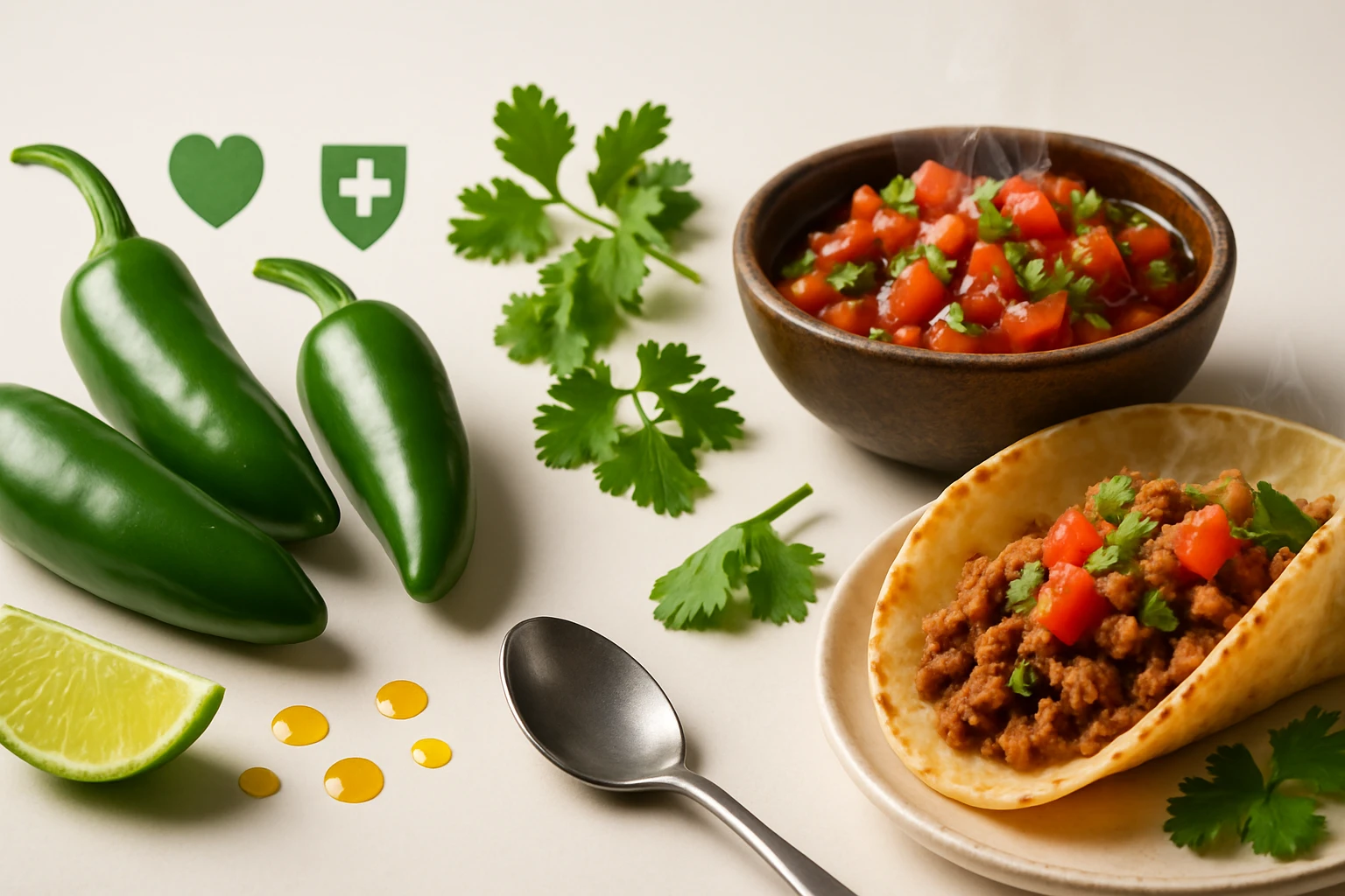 Zöld jalapeño paprikák, friss koriander, salsa és taco egy tányéron.