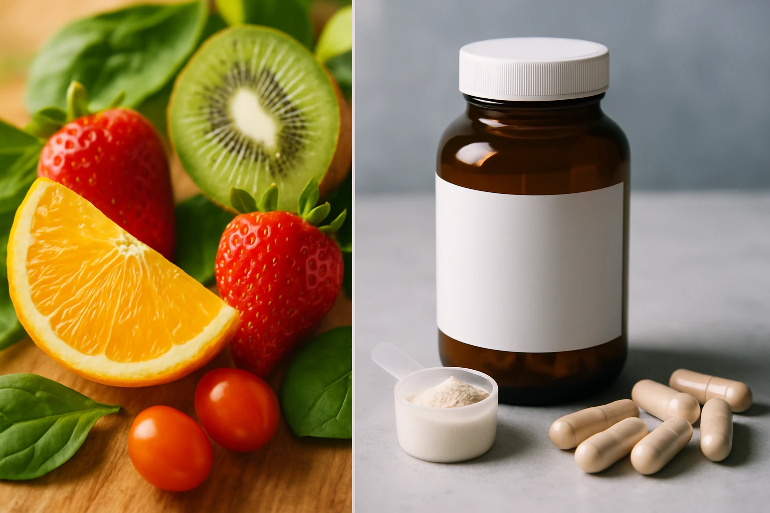 Friss gyümölcsök, mint az eper, narancs és kiwi, valamint táplálékkiegészítők.