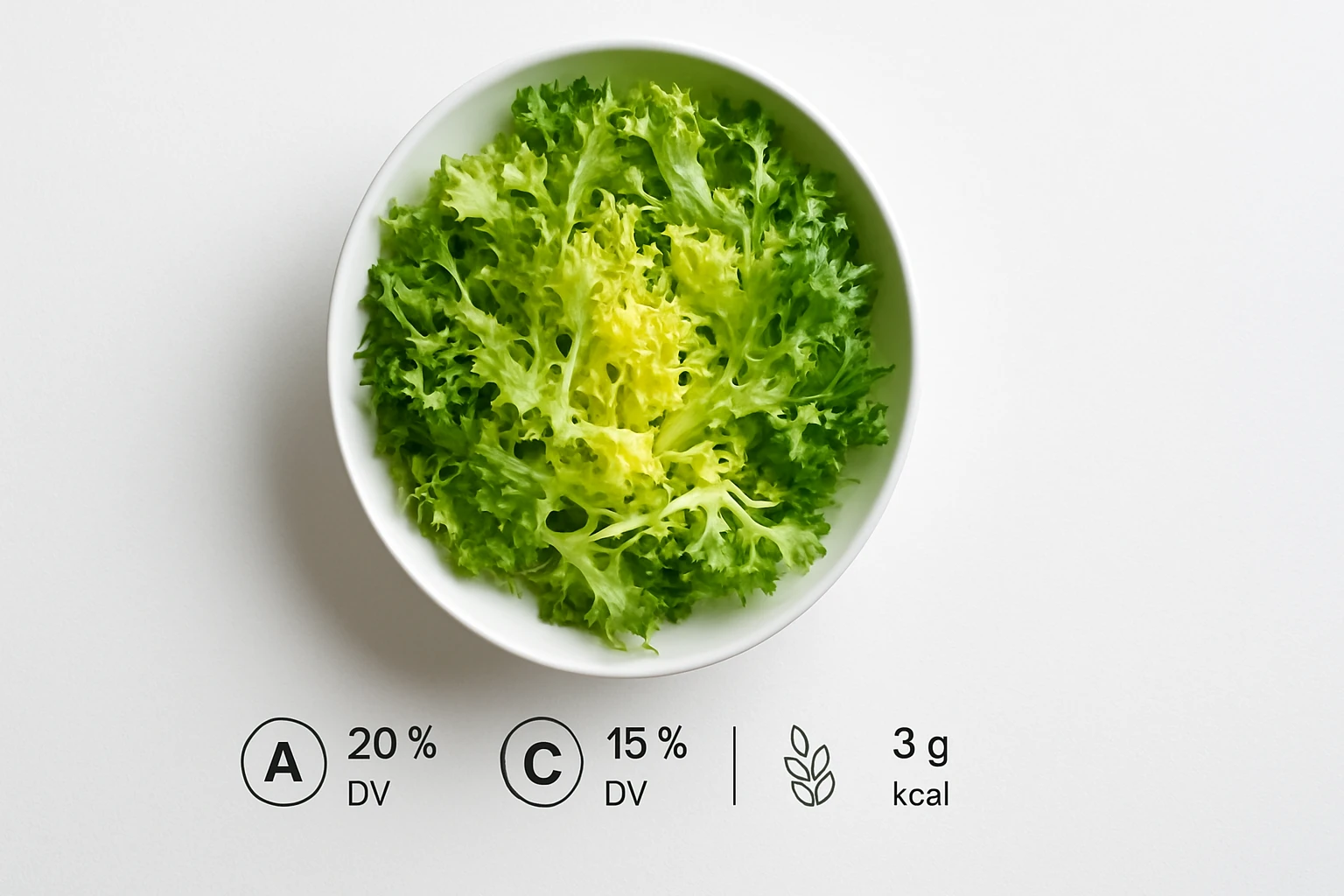 Friss, zöld saláta levelek egy fehér tányérban, tápanyagértékekkel.
