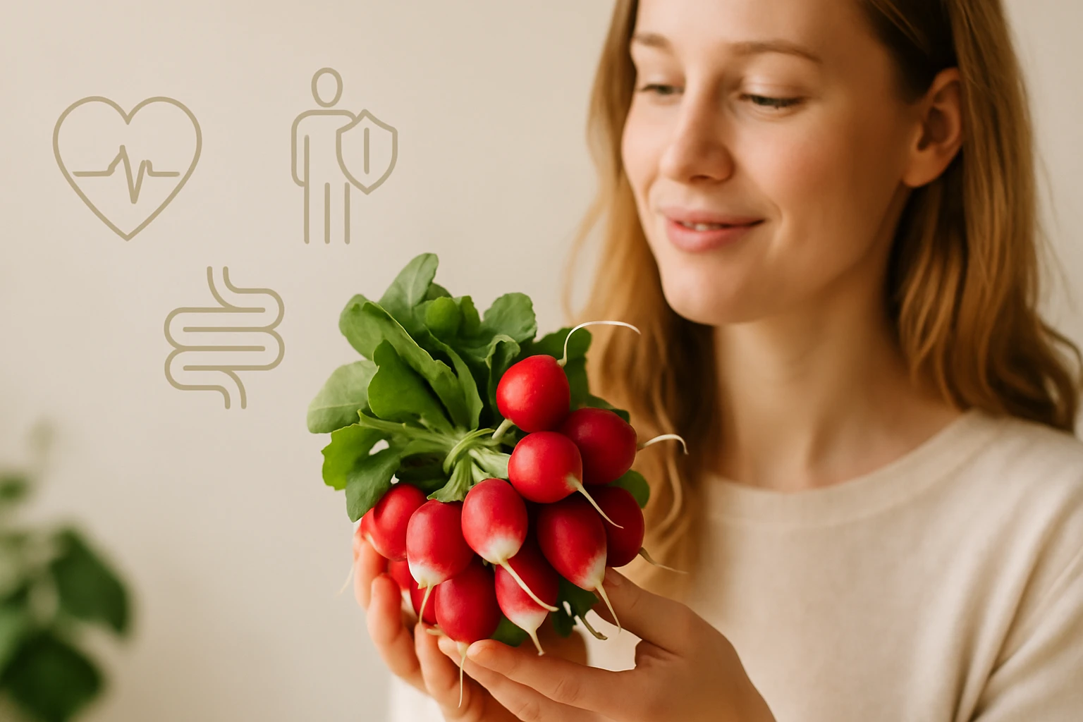 Egy fiatal nő friss reteket tart a kezében, mosolyogva néz rá.