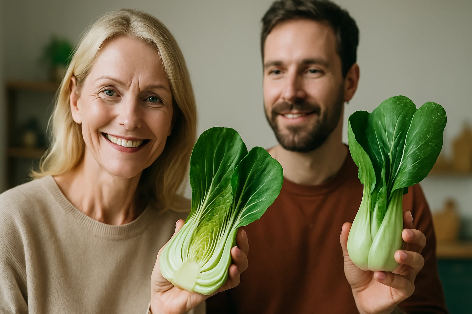 Két ember, egy nő és egy férfi, friss pak choi zöldségeket tartanak a kezükben.