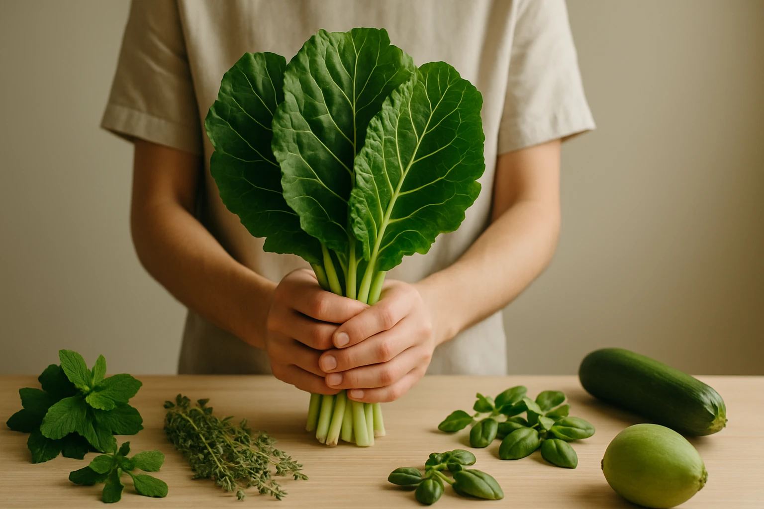Két kezével friss zöld leveles zöldséget tart egy ember, körülötte fűszernövények és zöldségek.
