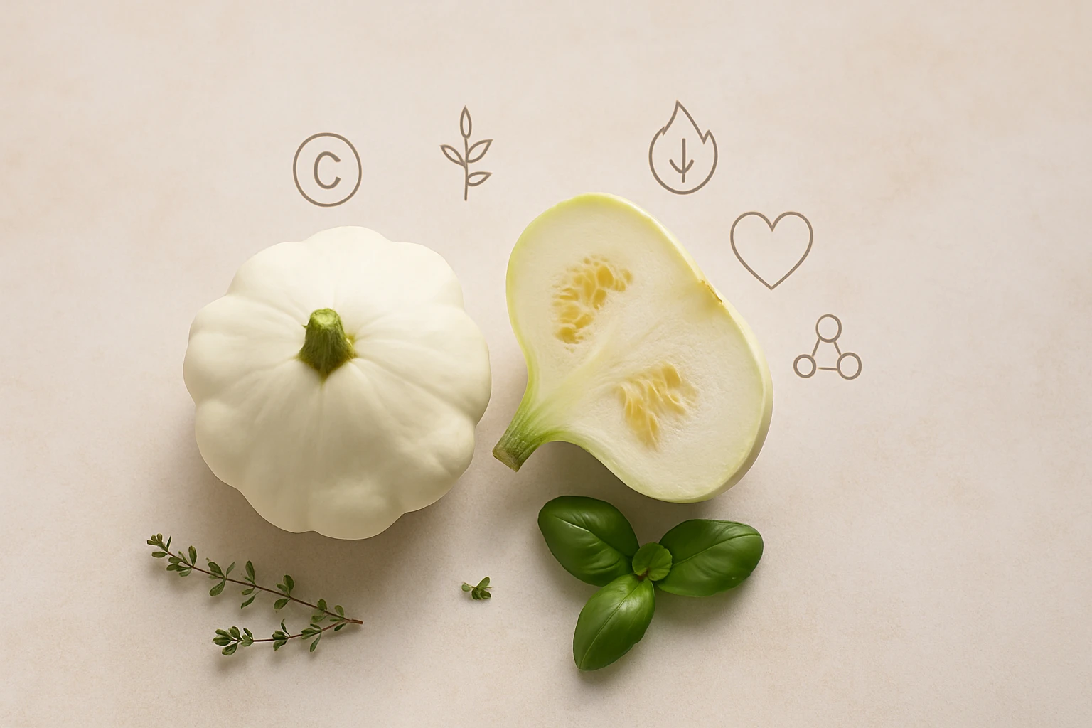 Egy fehér tök és félbevágott változata, friss bazsalikommal és kakukkfűvel.