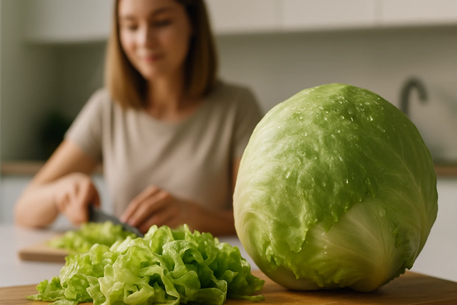 Egy nő salátát vág egy konyhában, friss zöld salátalevelek mellett.