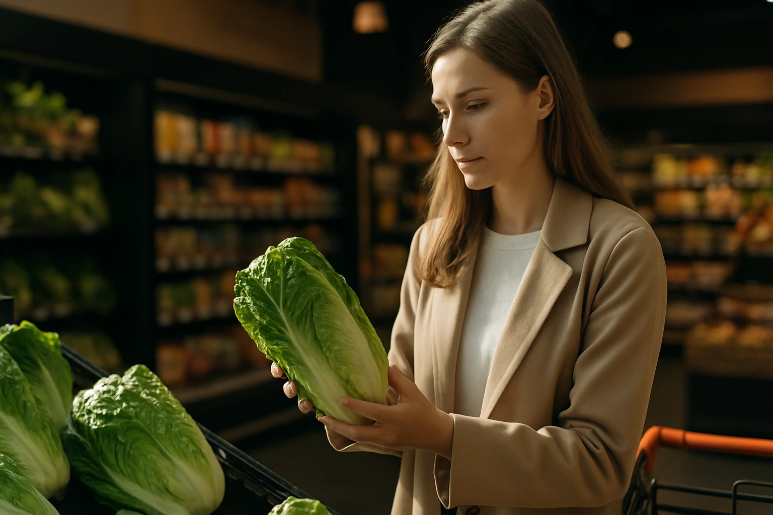 Egy nő friss római salátát vizsgál a boltban, figyelmesen nézi.
