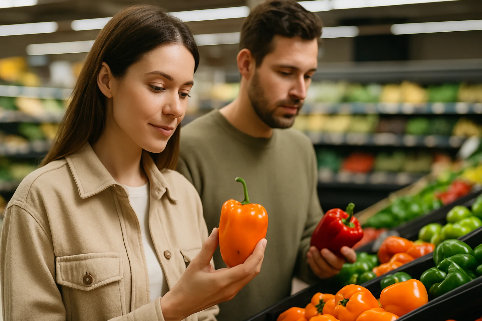 Két fiatal felnőtt zöldségeket választ egy boltban, színes paprikákat néznek.