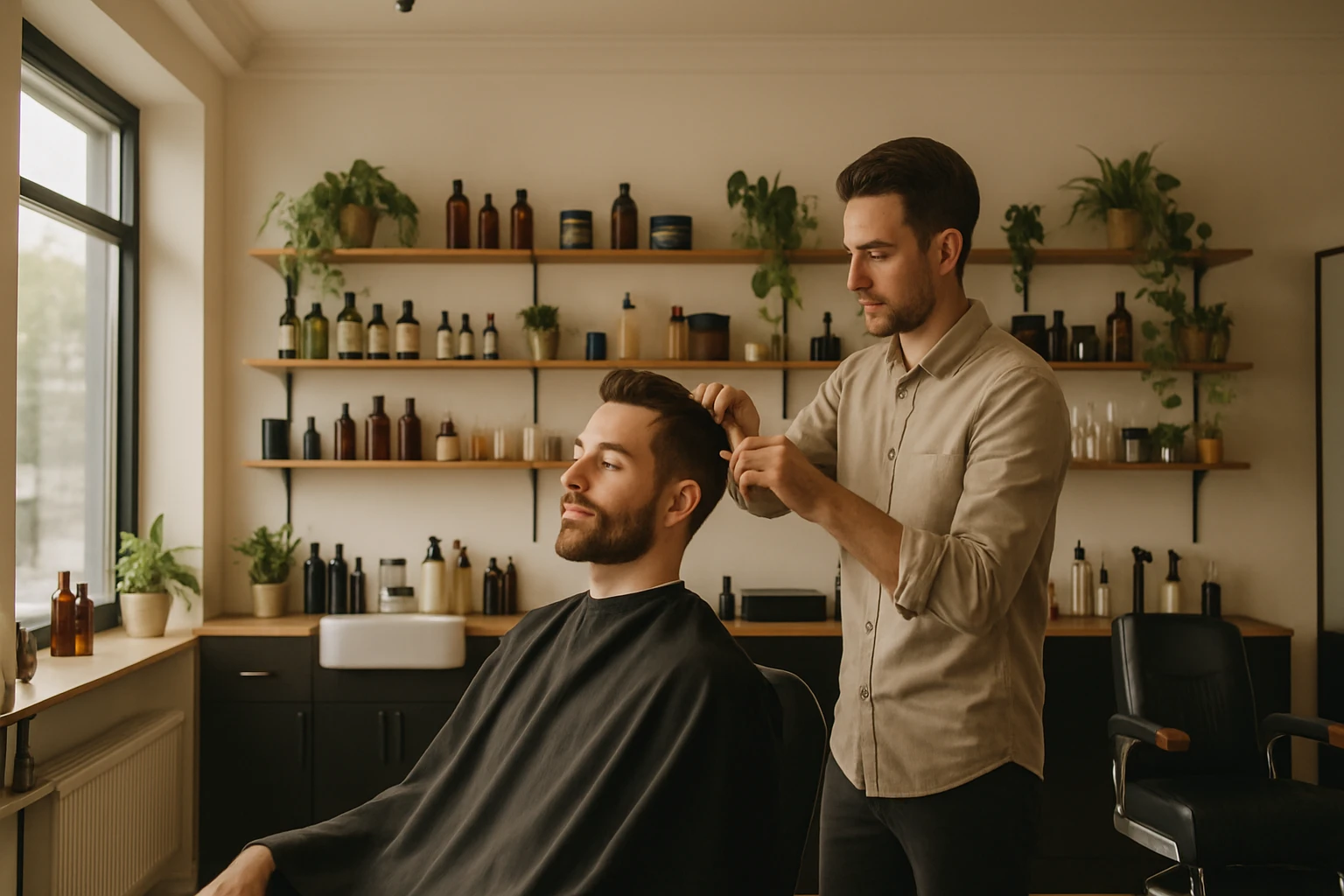 Egy férfi frizuráját igazítja egy fodrász egy modern szalonban.