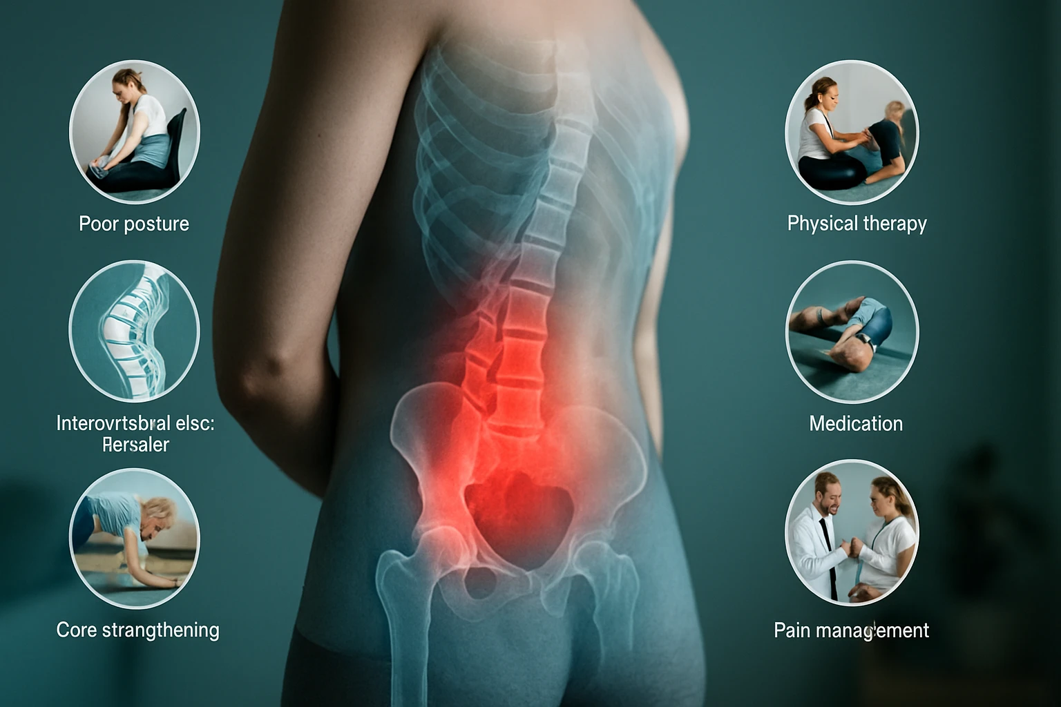 Egy hátulról látható emberi test, amelyen a gerinc és a medence látható, piros fájdalommal a deréknál.