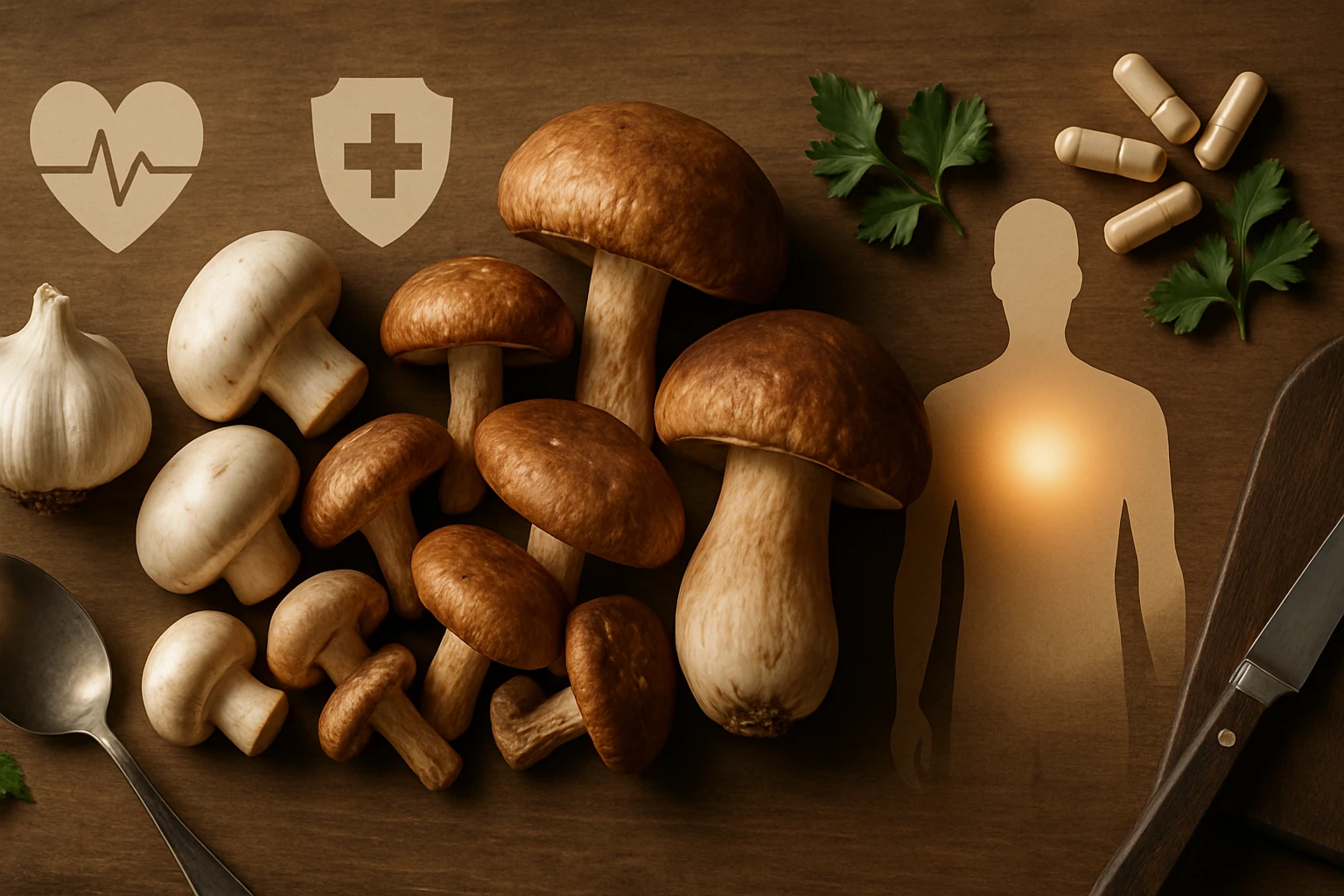 Friss gombák, fokhagyma és gyógynövények egy fából készült asztalon.