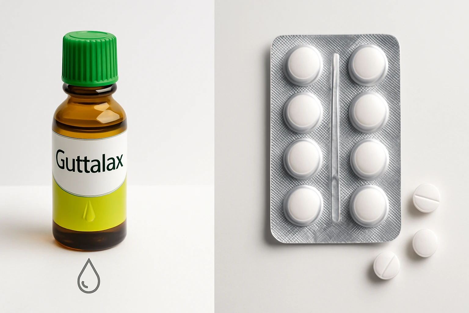 Egy Guttalax nevű gyógyszeres üveg és fehér tabletták csomagolása.
