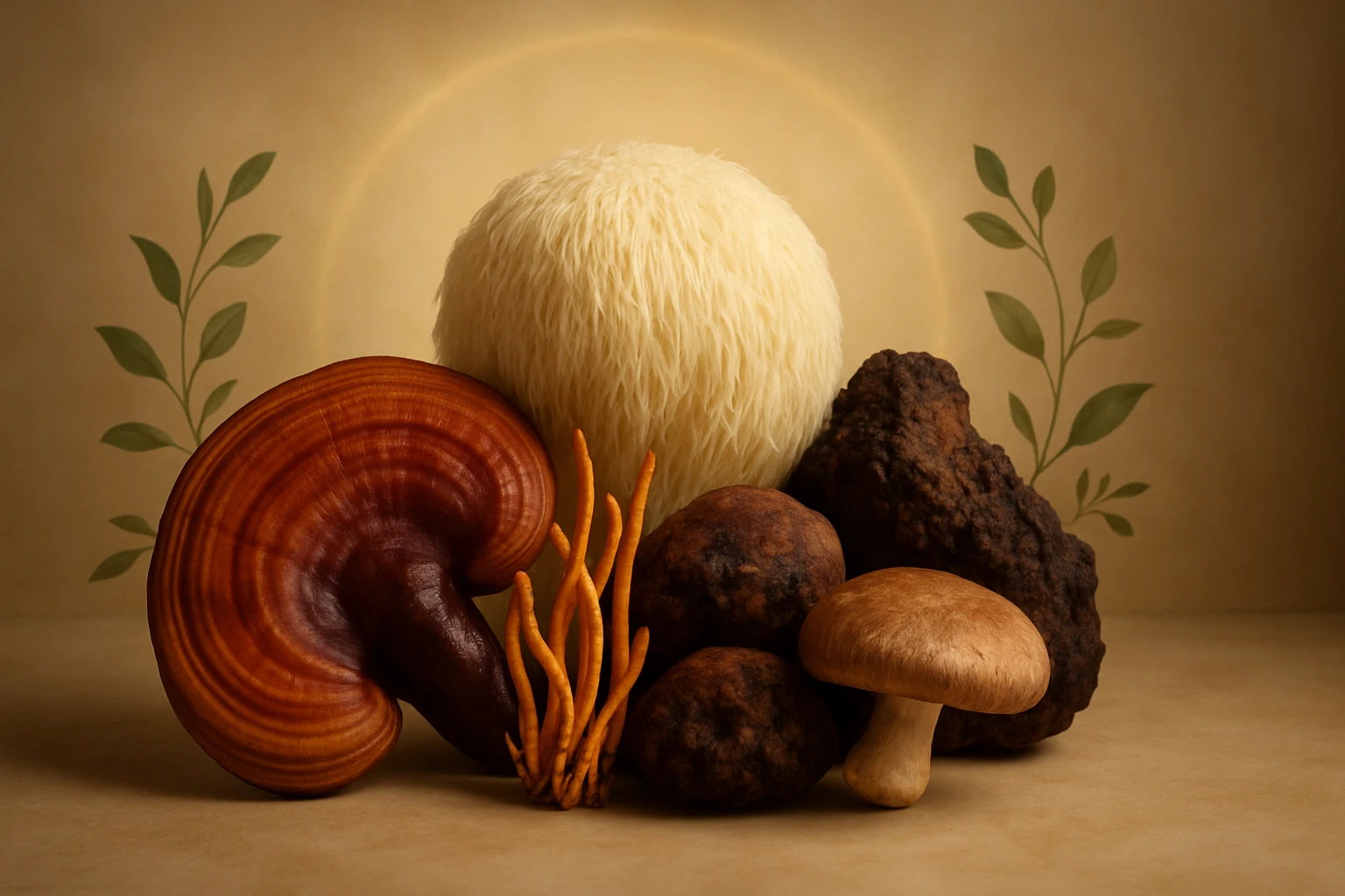 Különböző gombák és gyógyhatású növények egy kompozícióban.