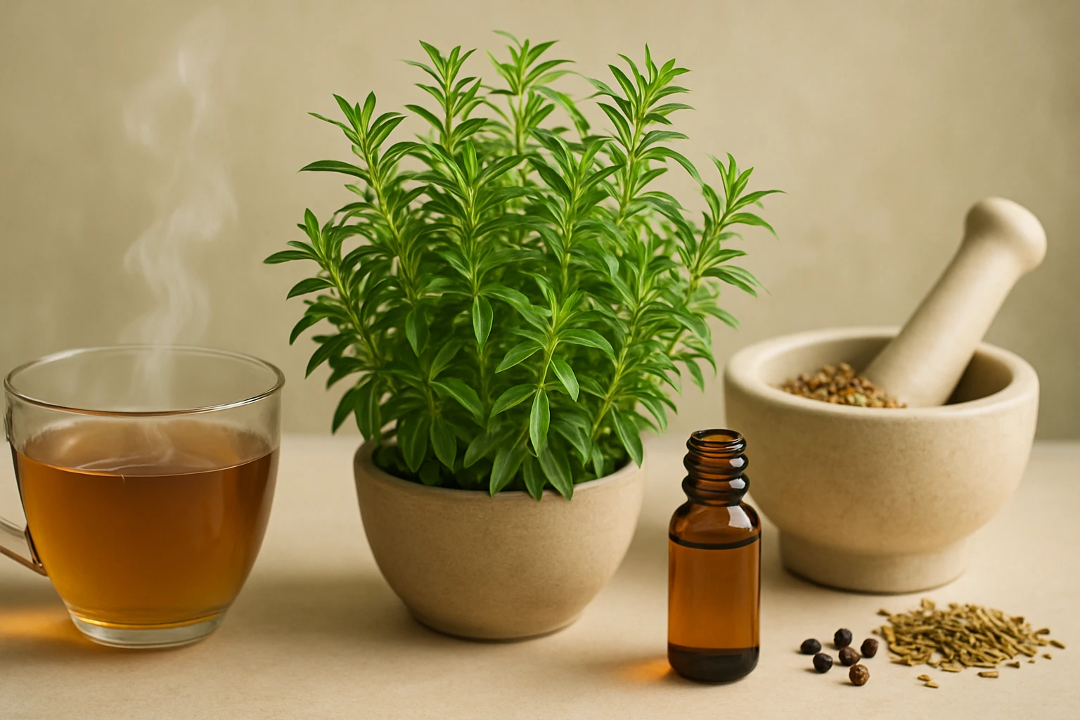 Egy csésze gőzölgő tea, friss gyógynövények és fűszerek egy asztalon.