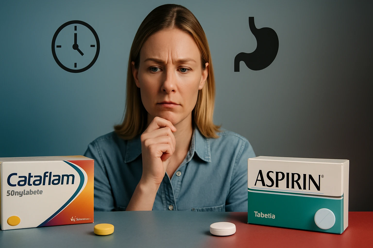 Egy nő gondolkodik, miközben két gyógyszer, a Cataflam és az Aspirin látható előtte.