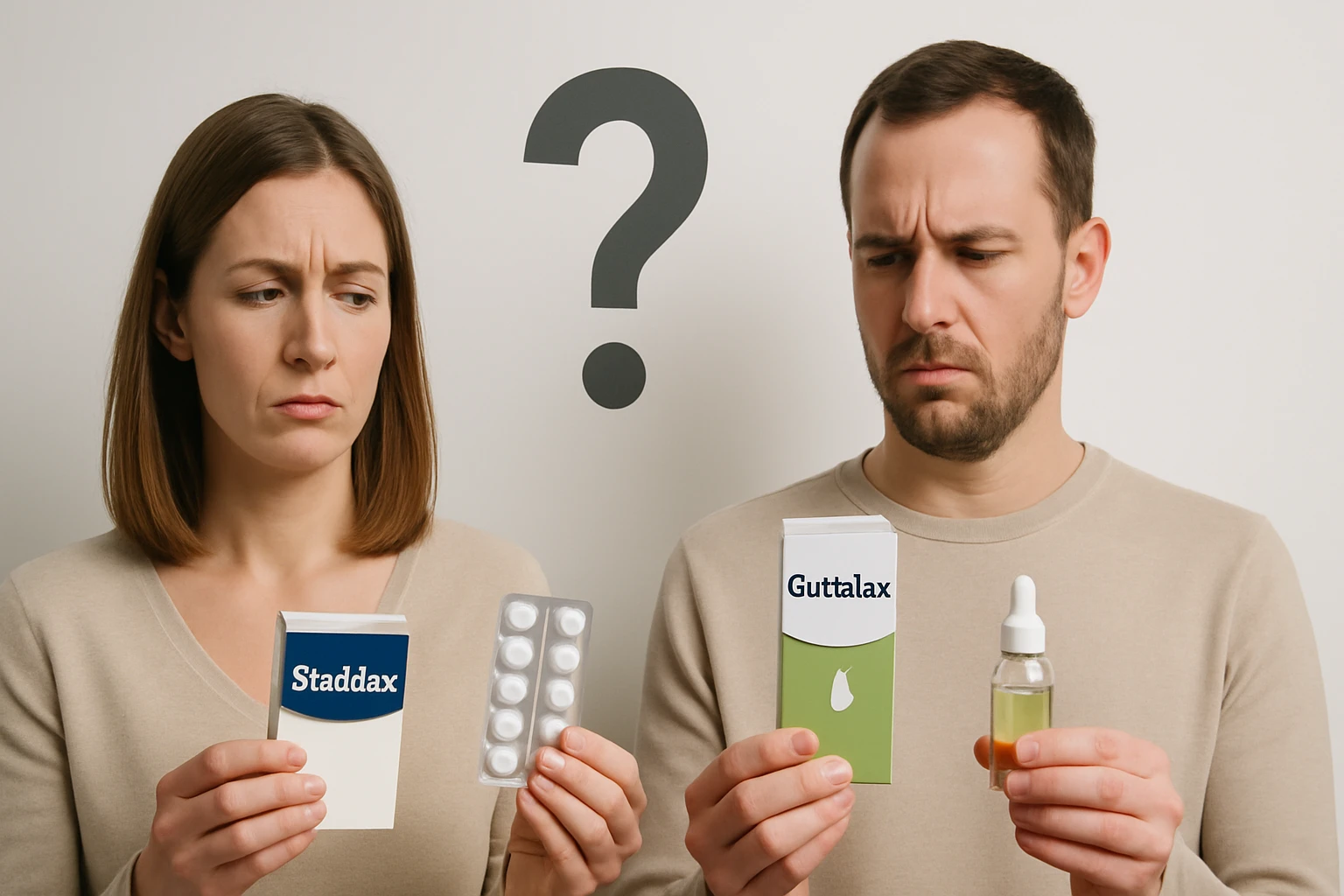 Két ember, akik gyógyszereket tartanak a kezükben, kérdő arckifejezéssel.