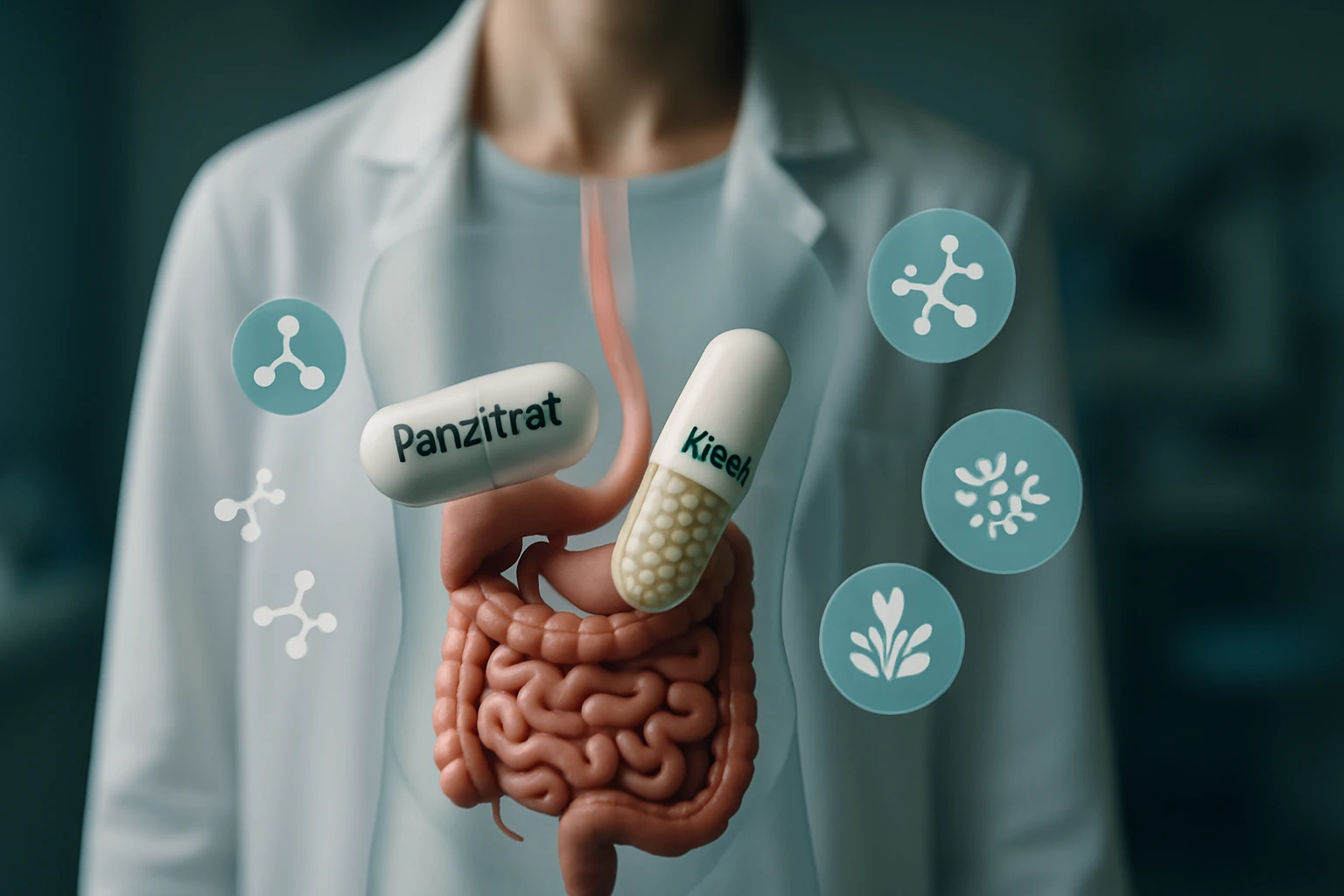 Egy orvos kezében gyógyszerek láthatók, amelyek a gyomor-bél traktusra hatnak.