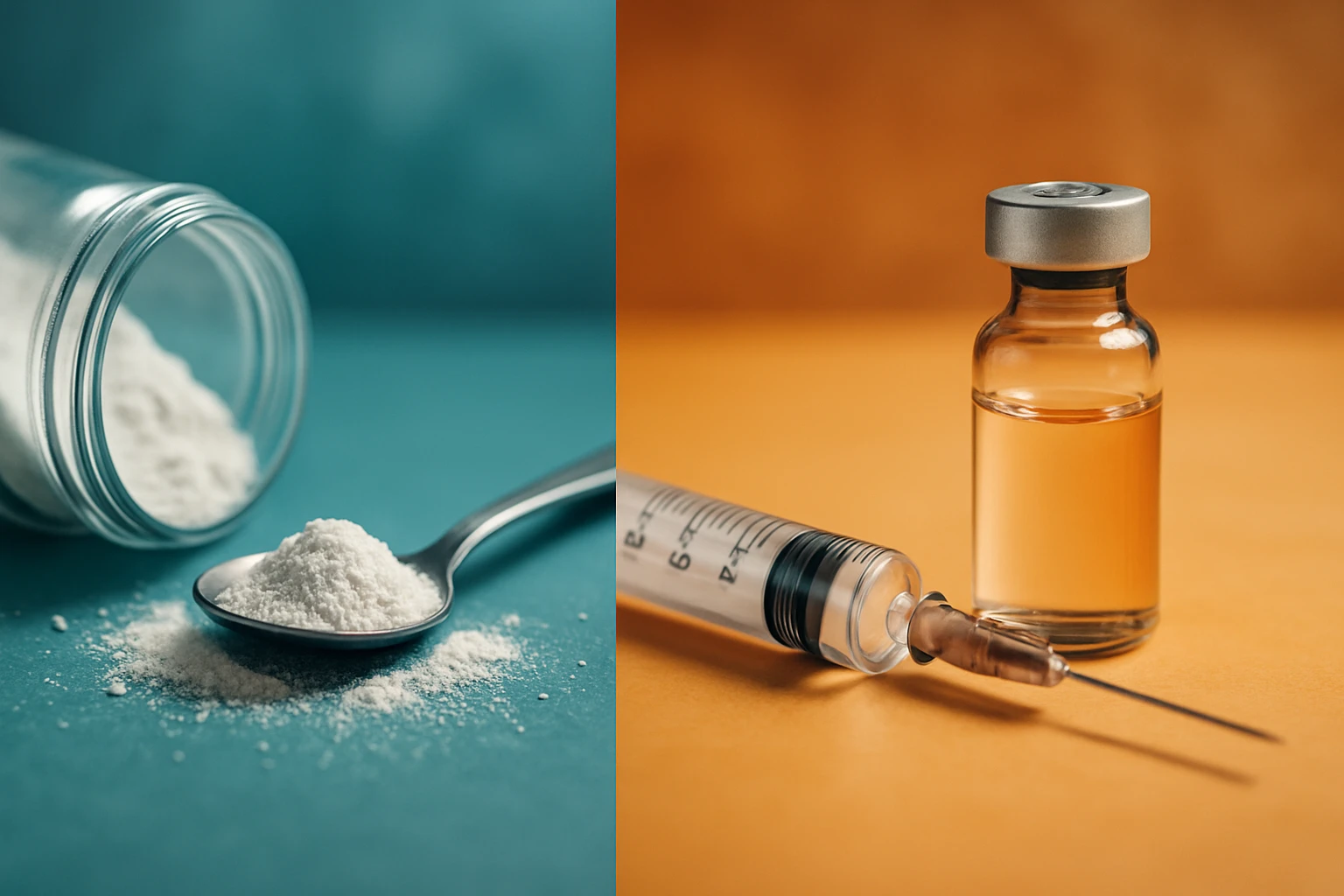 Egy kanál fehér por és egy injekciós üveg, mellette egy fecskendő.