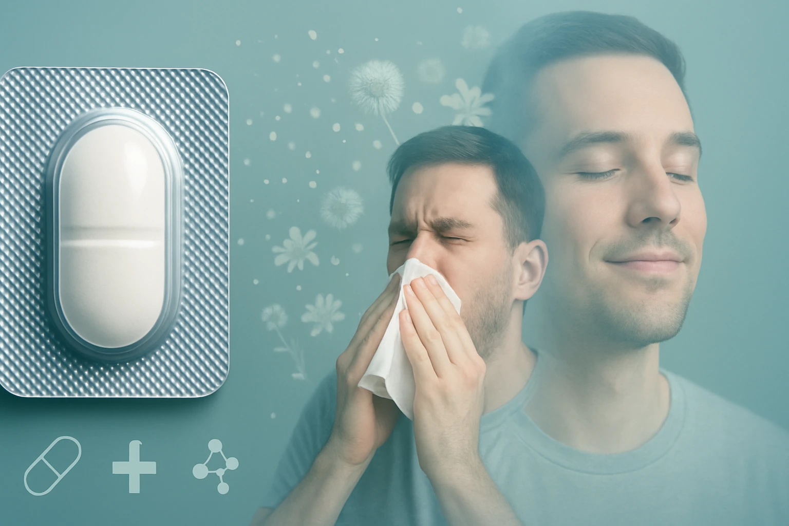 Egy férfi orrot fúj, mellette egy gyógyszerbliszter látható, háttérben virágokkal.