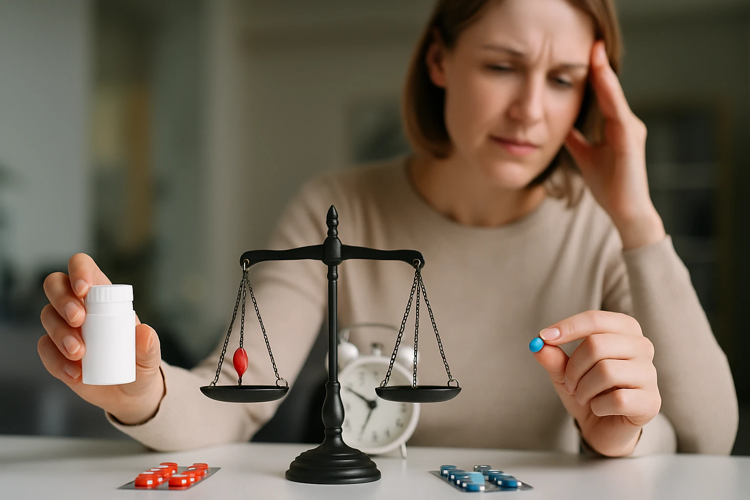 Egy nő gyógyszereket mérlegel, miközben fejfájással küzd.