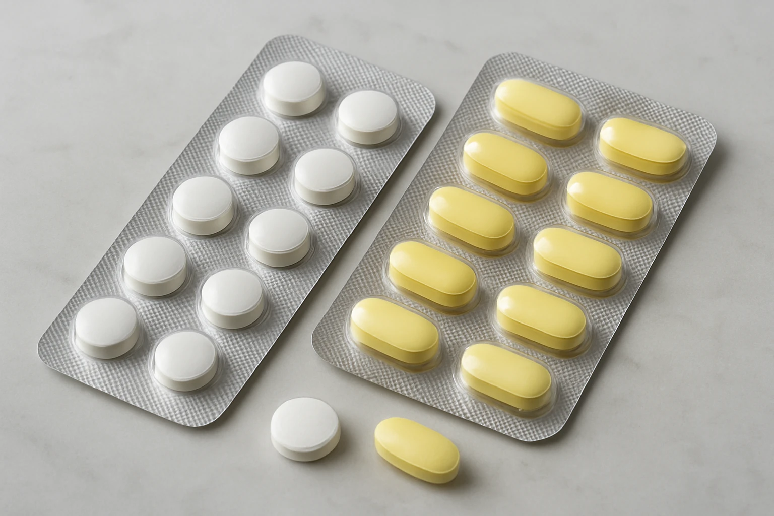 Kétféle gyógyszer, fehér és sárga tabletták, blisztercsomagolásban.