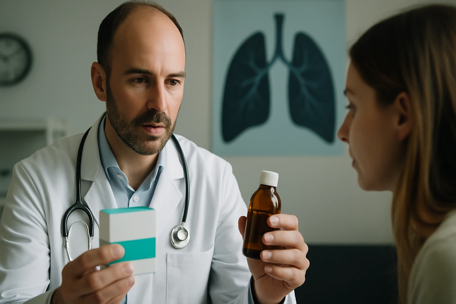 Orvos és páciens beszélgetése gyógyszerekről egy rendelőben.