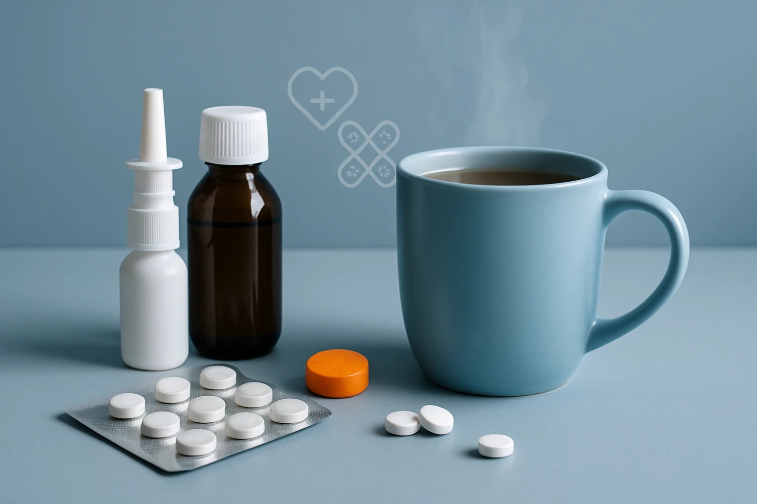 Egy kék bögre gőzölgő itallal, mellette gyógyszerek és orrspray.