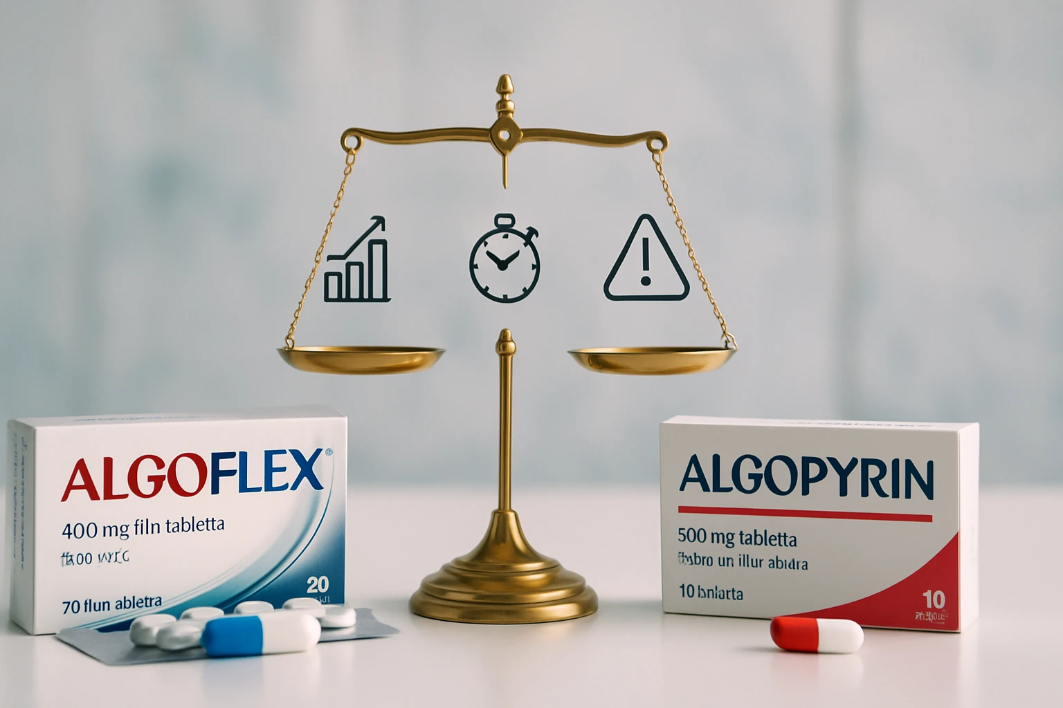 Két gyógyszer doboza, egy mérleggel, amelyen grafikon, óra és figyelmeztetés ikon látható.