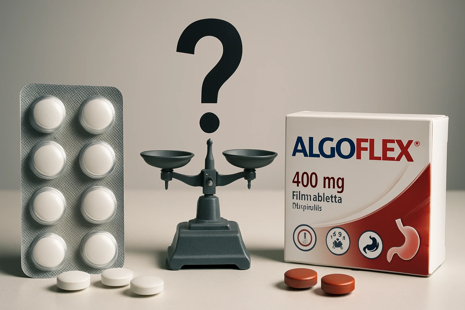 Egy mérleg és gyógyszerek láthatók, kérdőjellel a háttérben.