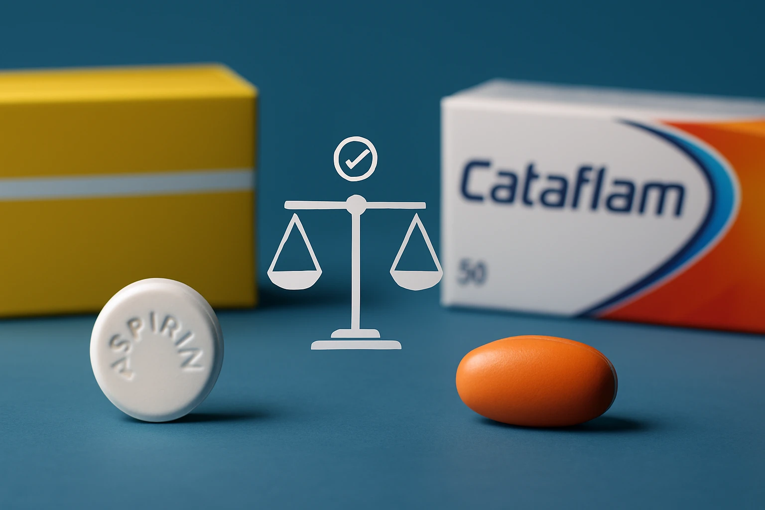 Egy fehér aszpirin tabletta és egy narancssárga Cataflam kapszula egyensúlyozó mérleggel.