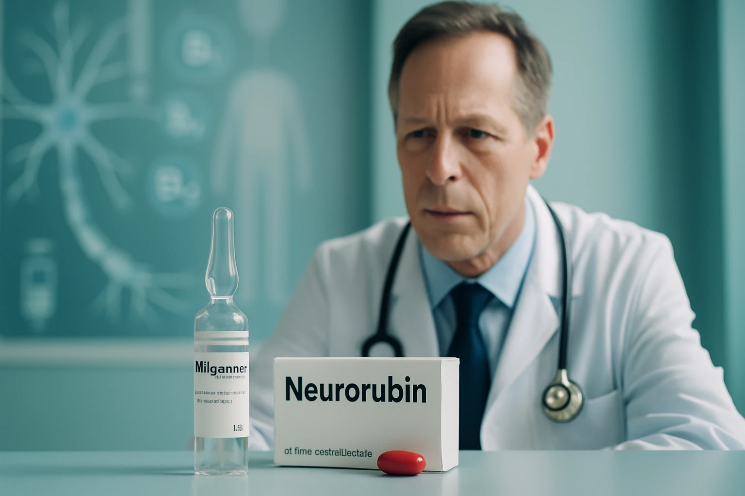 Orvos a gyógyszerek előtt, figyelmesen nézi a Neurorubin dobozát és a Milganner ampullát.