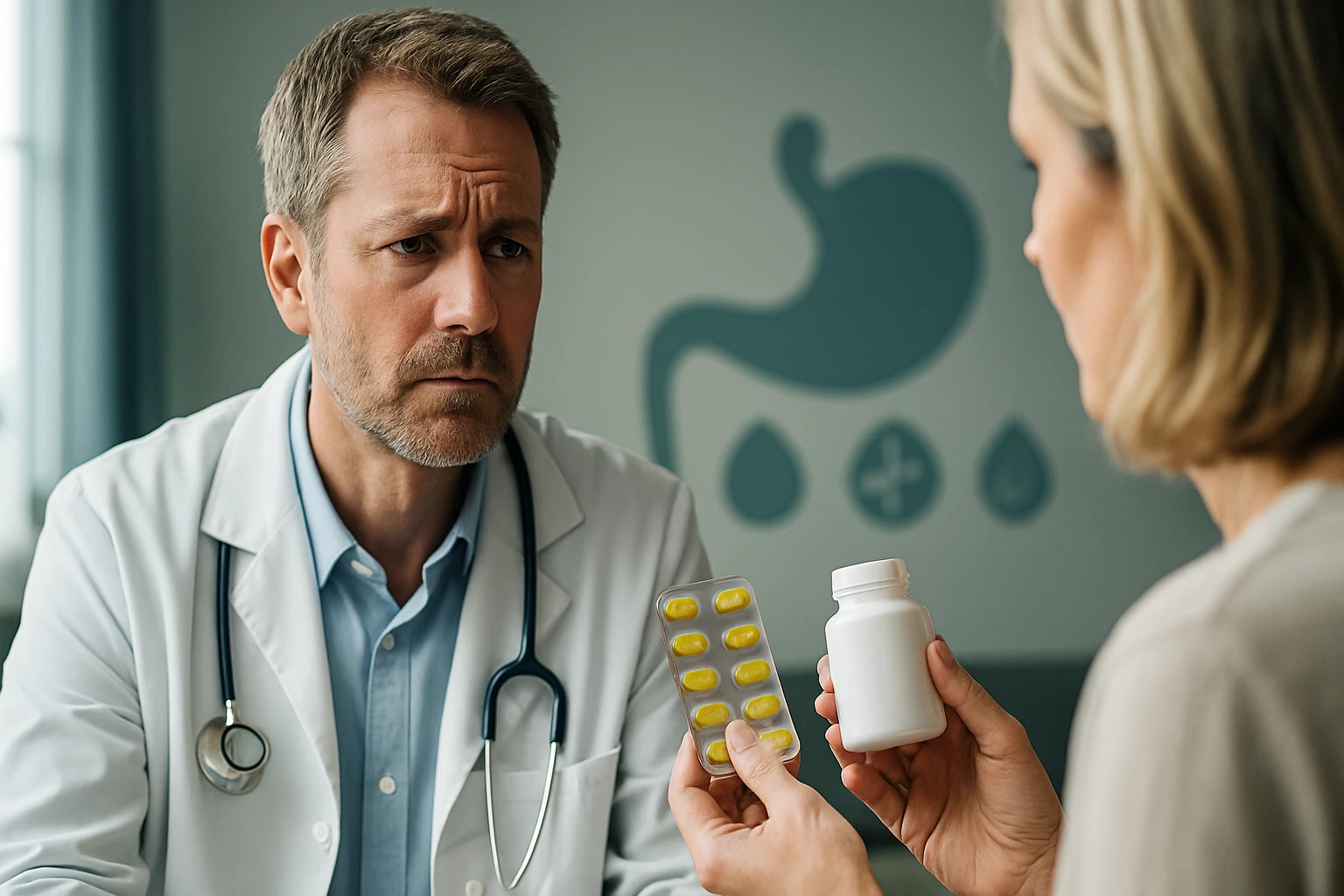 Egy orvos és egy páciens beszélget a gyógyszerekről, a háttérben egészségügyi szimbólumok láthatók.