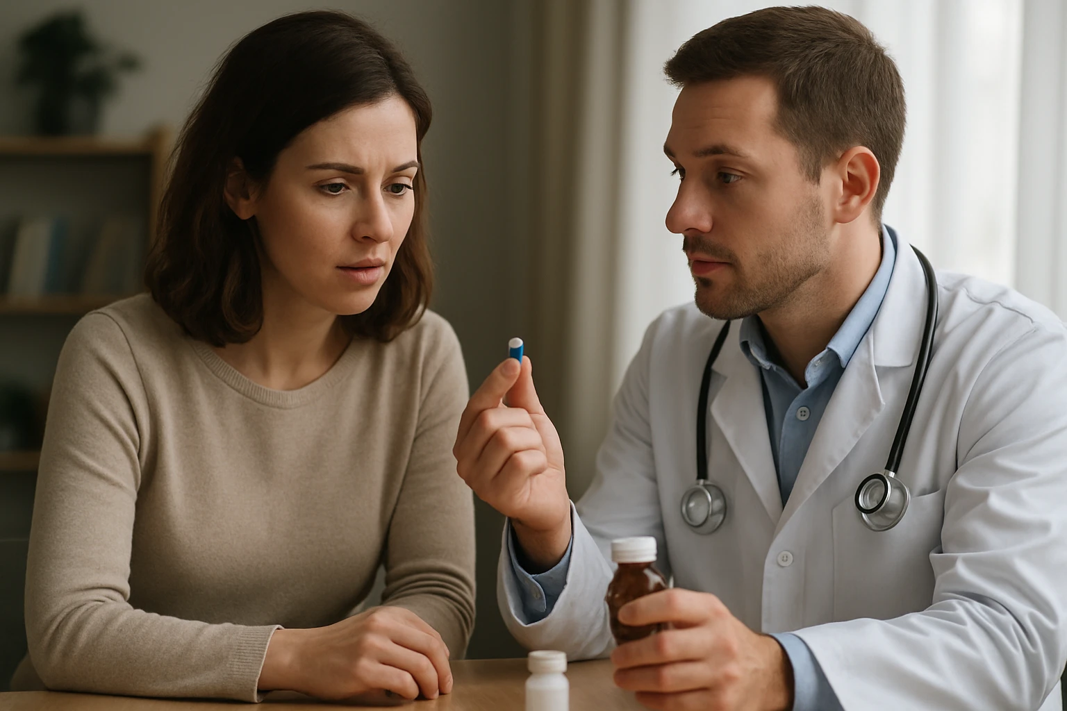 Egy orvos és egy páciens beszélget a gyógyszerekről, a nő aggódva néz a kék tablettára.