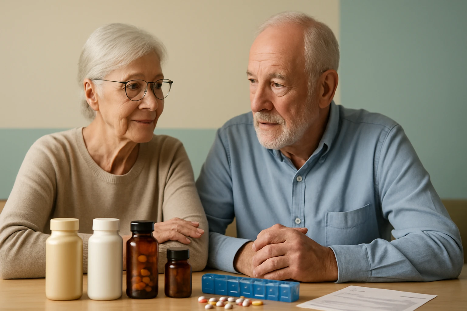 Idős pár ül az asztalnál, gyógyszerekkel és vitaminokkal körülvéve.