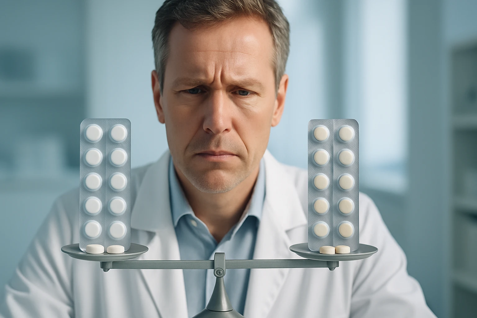 Egy orvos gyógyszereket mérlegel, komoly arckifejezéssel.