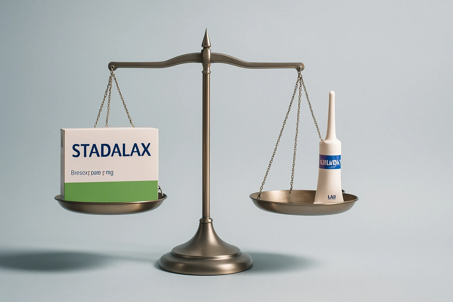 Egy mérleg, amelyen a STADALAX gyógyszer és egy másik termék látható.