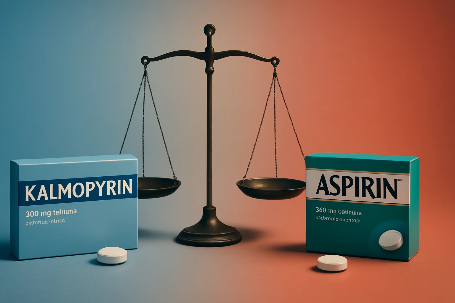 Két gyógyszer doboza, Kalmo-pyrin és Aspirin, egy mérlegen.